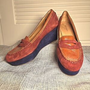 Pilcro and The Letterpress Anthropologie Wedge Blue Red Orange Loafter Suede 9.5